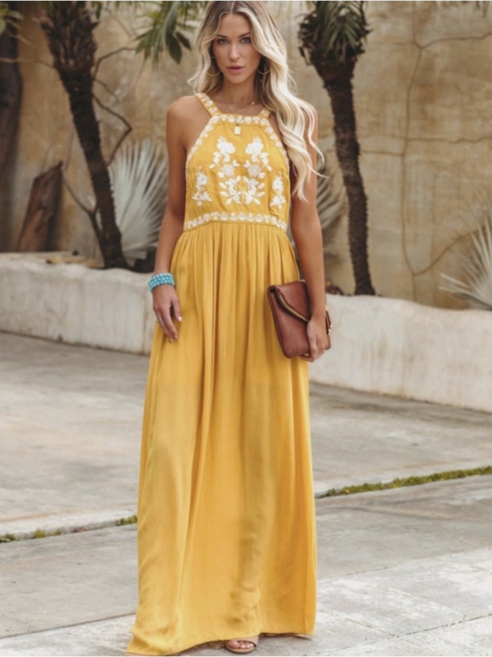 En Creme Yellow Embroidered Halter Maxi Dress. Brand new with tags. Final sale.